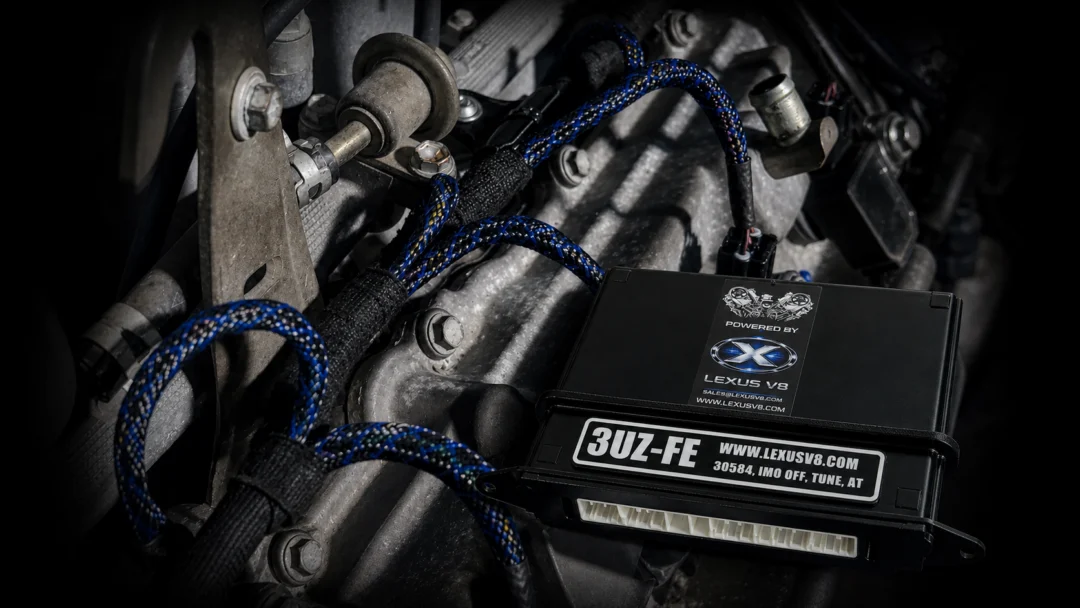 Lexus V8 harness and ECU installed on engine